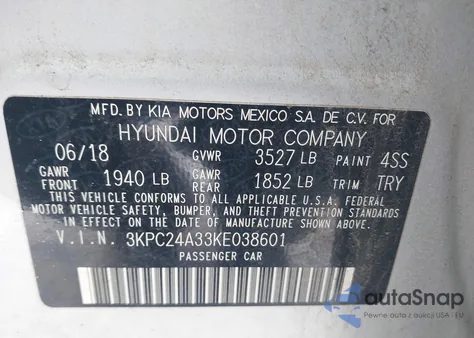 2019 Hyundai Accent Sel z USA, uszkodzony, nr VIN 3KPC24A33KE038601